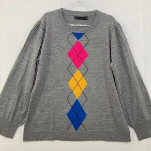 New York & Company size XXL Gray Argyle Colorful Print Light Knit Sweater Preppy